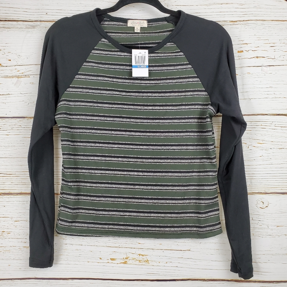 NWT Ultra Flirt Green and Grey Striped Top